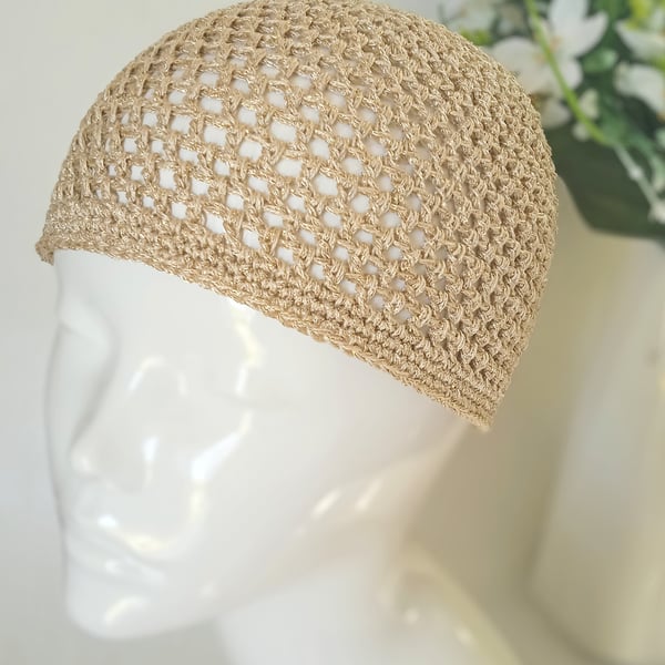 Sparkly Gold Crochet Mesh Skull Cap