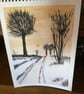 Wintry, snowy, mid evening, path, watercolour, mix media. - Image 2
