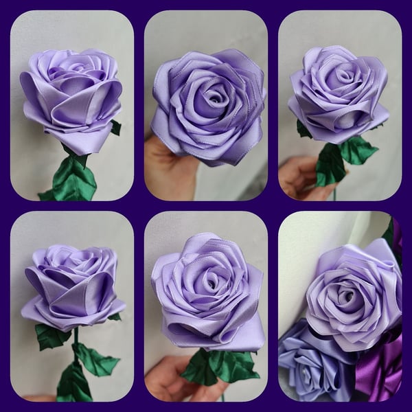Gorgeous Handmade Lilac Ribbon Rose - Long Stem Artificial Forever Flower Gift