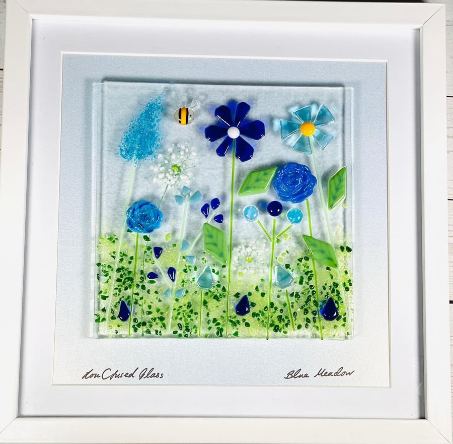 Blue meadow , fused glass art picture 