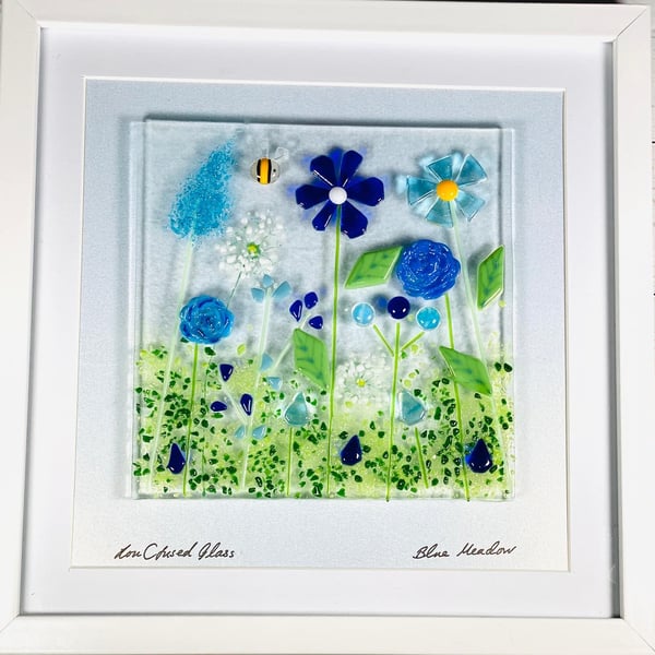 Blue meadow , fused glass art picture 