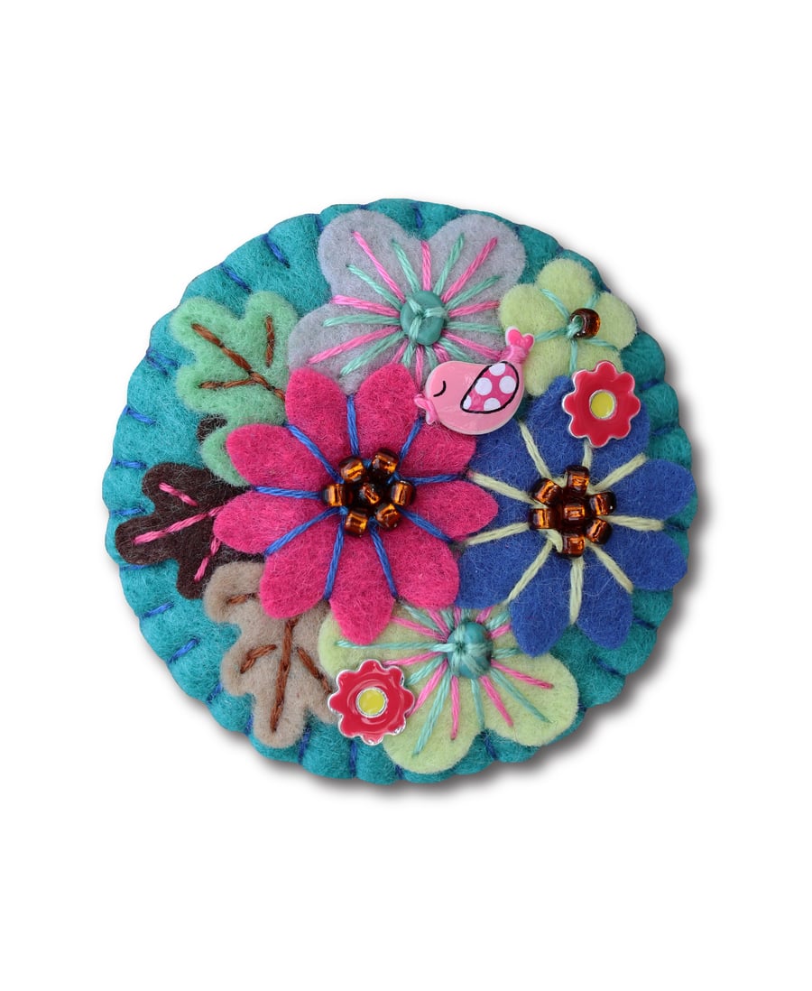 Japanese Art Inspired Handmade Mini Felt Brooch - Petrol Blue - Limited edition