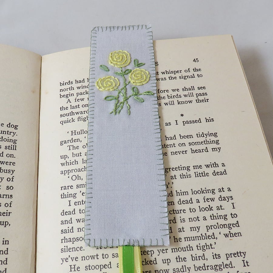 Roses Bookmark - embroidered and painted - yellow roses