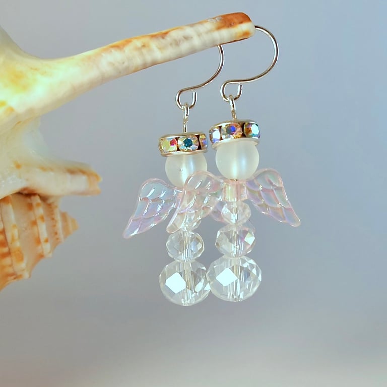 Christmas Angel Earrings, Pink Wings, Stocking Filler, Secret Santa Gift For Her