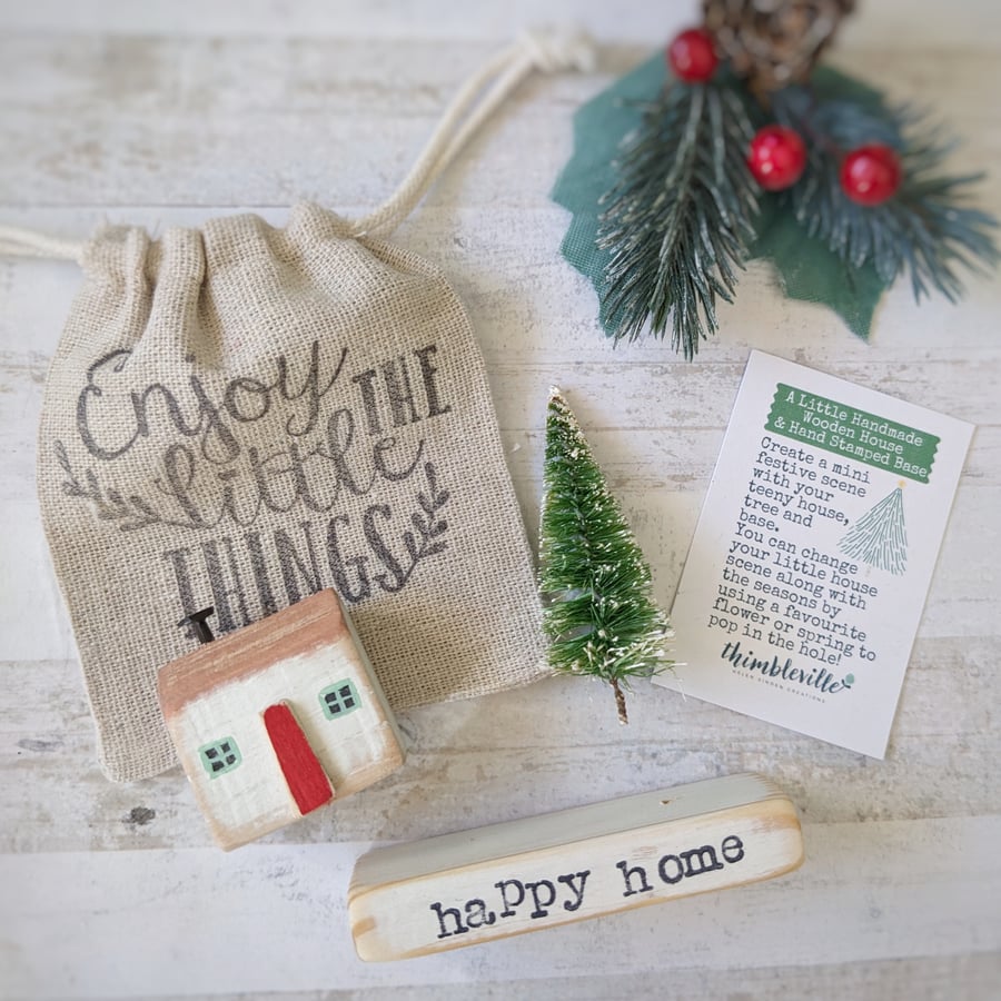 Little Wooden Handmade House in a Bag with Christmas Tree Happy Home