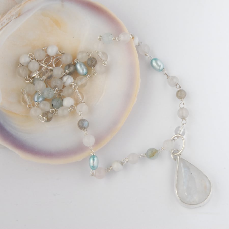 Rainbow moonstone pendant and beaded necklace set