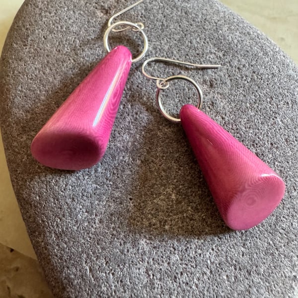 Pink cone Tagua nut BoHo dangle earrings