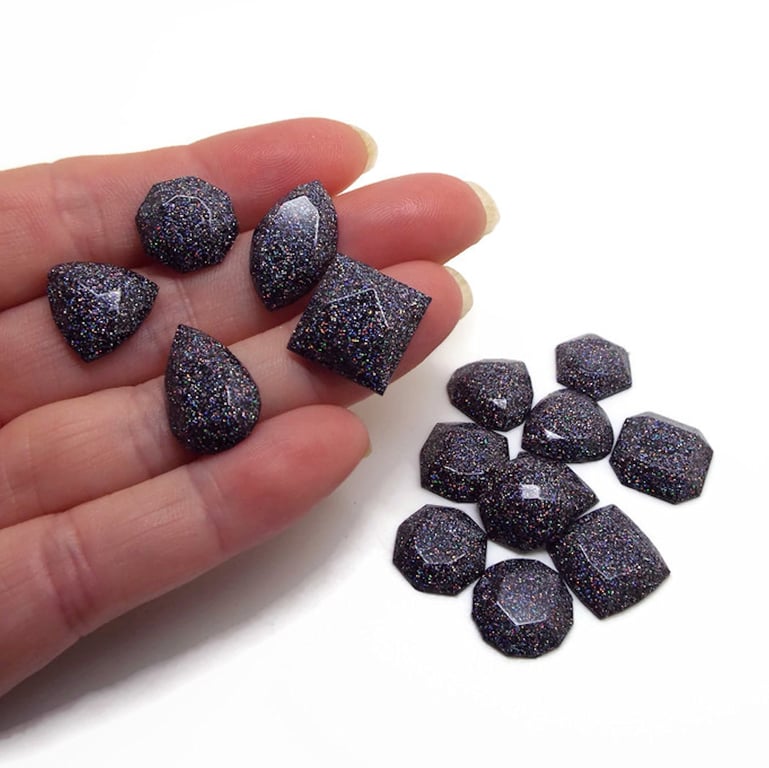 Gunmetal Glitter Cabochons, 15 Mini Flatback Glitter Gems