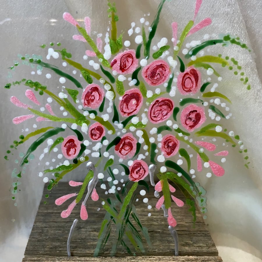 Bouquet of flowers on glass, hand painted roses glass art, Mother’s Day   gift