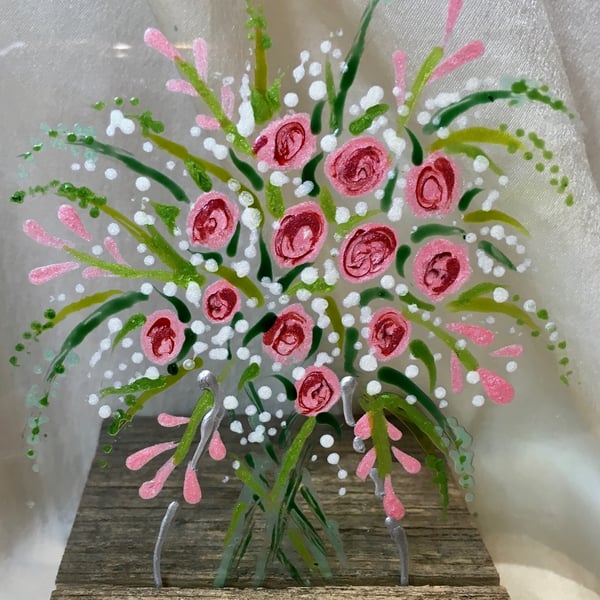 Bouquet of flowers on glass, hand painted roses glass art, Mother’s Day   gift