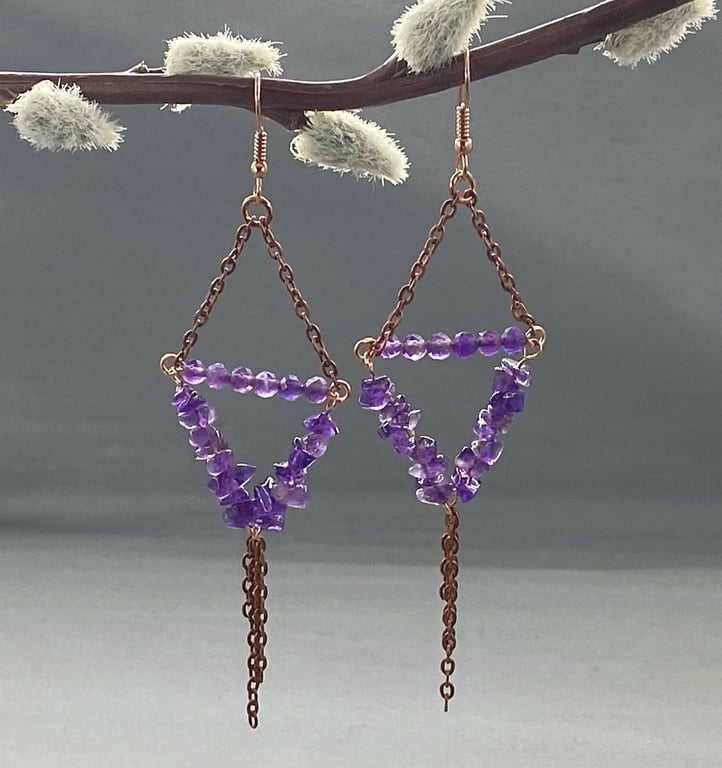 Amethyst & Copper Triangle Tassel Earrings Boho