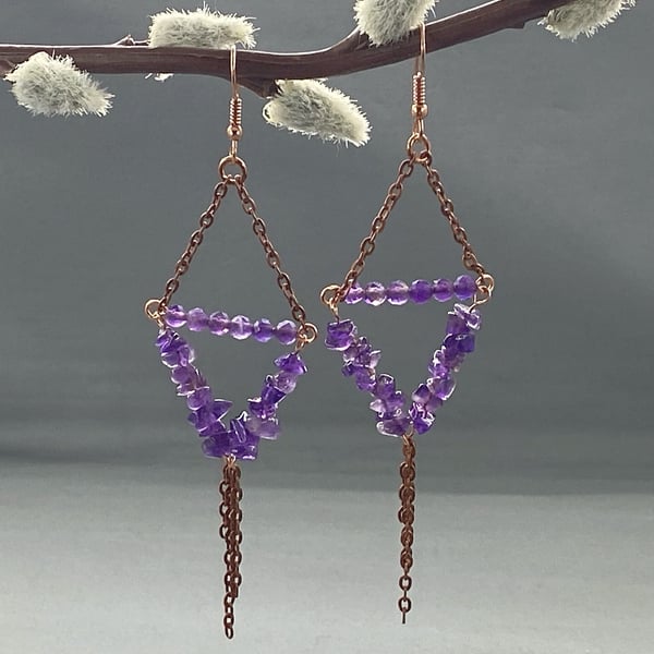 Amethyst & Copper Triangle Tassel Earrings Boho