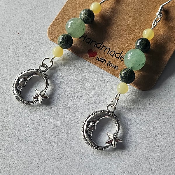 Earthly Moon Green Aventurine and Moss Agate Earrings