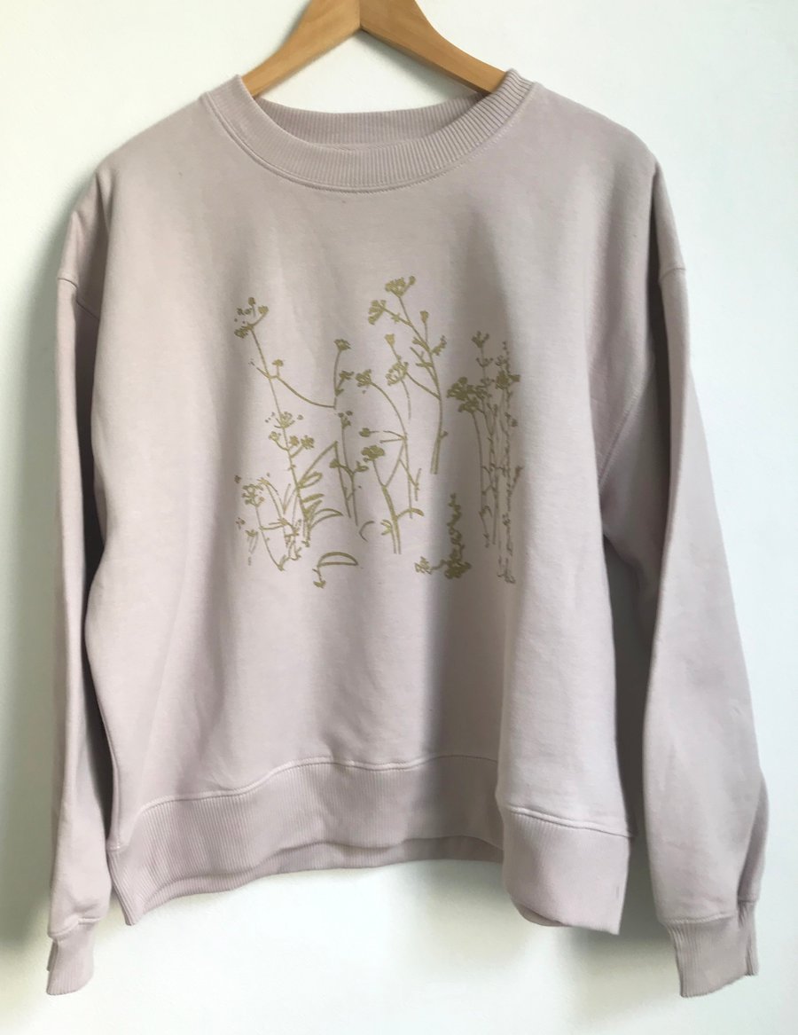  Womens organic cotton sweatshirt purple rose gold wild meadow  print 