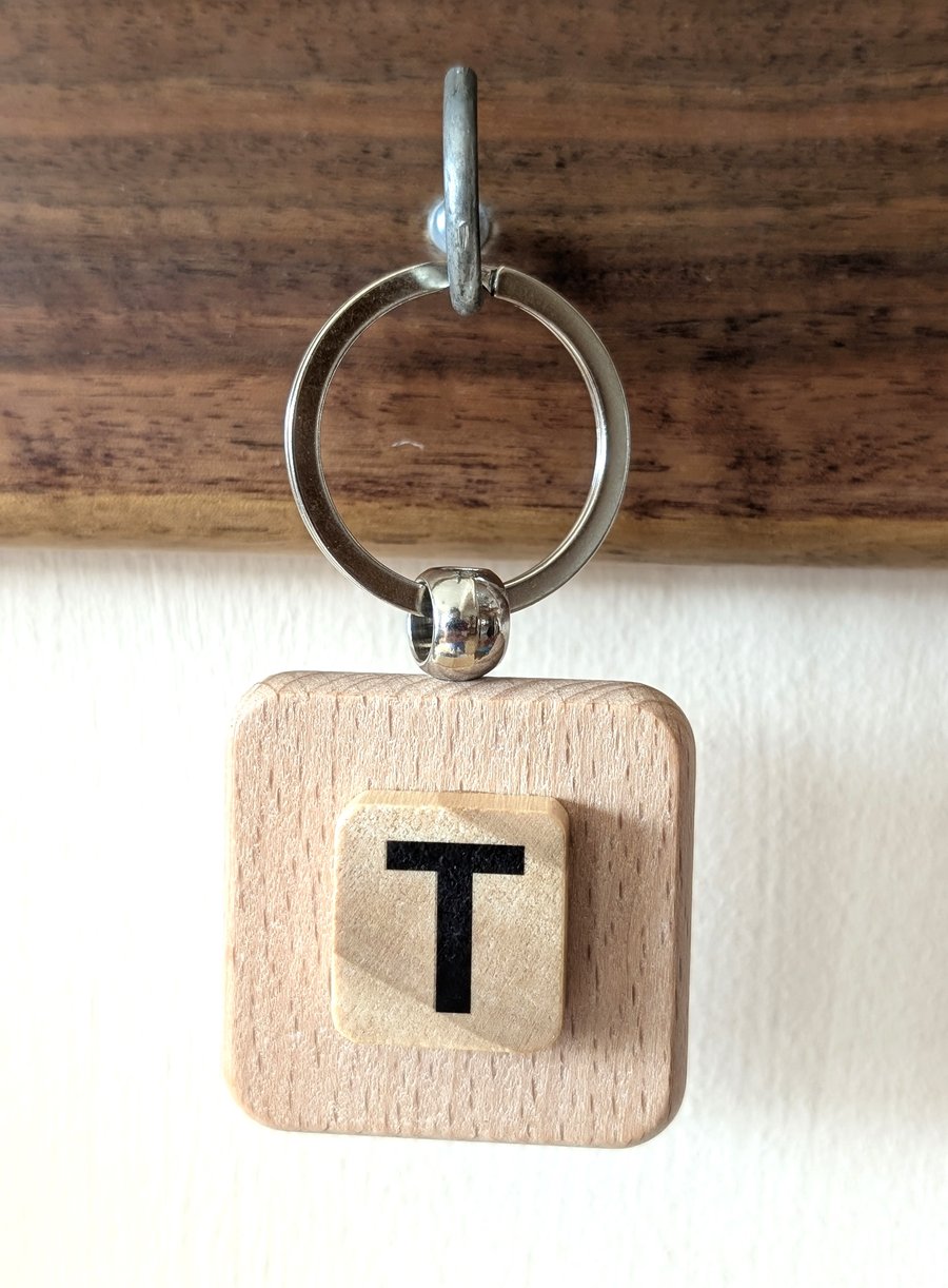 Alphabet letter tile wooden keyring - bagcharm - T