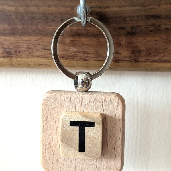 Alphabet letter tile wooden keyring - bagcharm - T