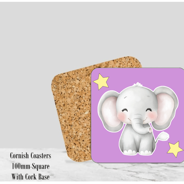 Baby Elephant Purple Coaster 4" Square With Cork Base