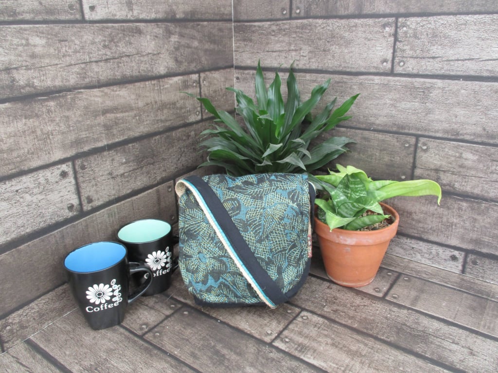 Upcycled Coffee Sack - Mini Shoulder Bag - Teal and Black Pattern