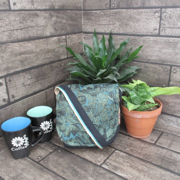 Upcycled Coffee Sack - Mini Shoulder Bag - Teal and Black Pattern