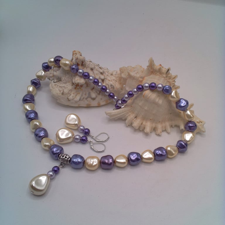 Purple and Cream Chunky Pearl Necklace and Earrings Set, Gift for Her, Pearls