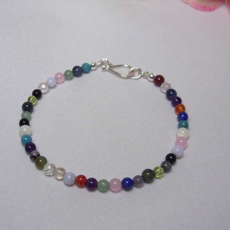 Mixed gemstone bracelet of small round beads with recycled sterling silver clasp