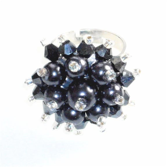 Metallic Grey Pearl and Crystal Bead Bling Ring - UK Free Post