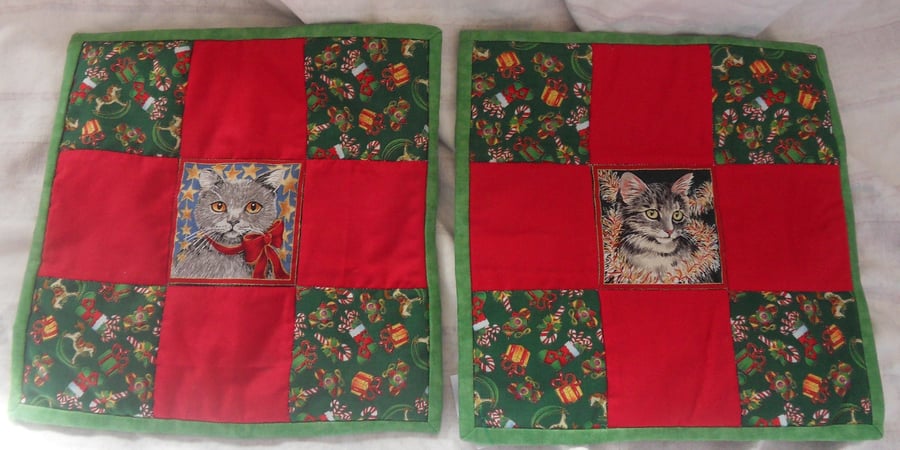 Homemade Patchwork table mats, Pot holders. 10" square. Set of 2