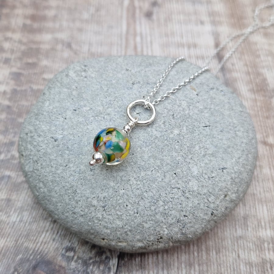 Sterling Silver Circle Necklace with Multicoloured Lampwork Glass Bead