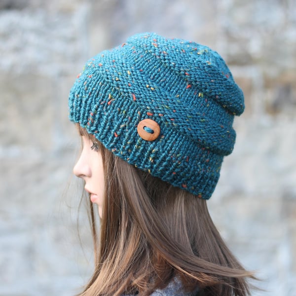 Beanie hat knitted teal green tweed women's cap