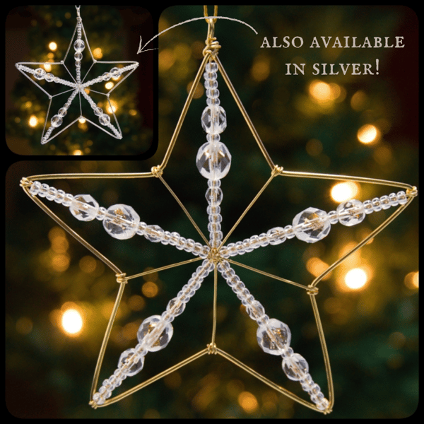 Set of Three Christmas Stars - Gold or Silver with Glass Facet Beads