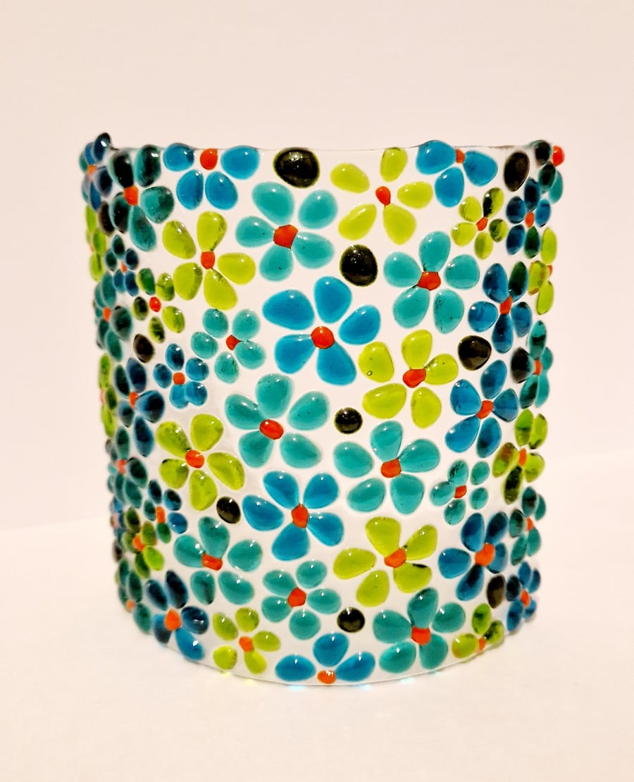 Fused glass green and blue ditsy curve