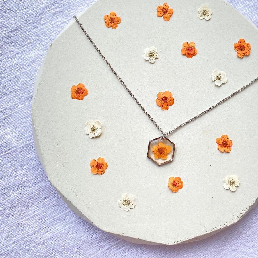 Pressed Orange Blossom Necklace in Silver