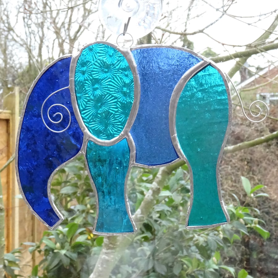 Stained Glass Large Elephant Suncatcher - Blue and Turquoise 