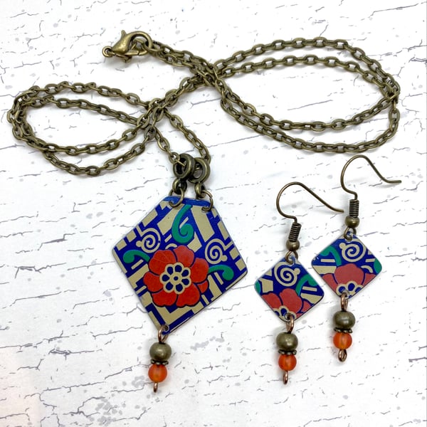 Recycled vintage tin square shaped earring & necklace set gold, blue, red, green