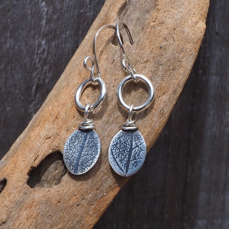 Silver leaf embossed dangle earrings, handmade silver earrings