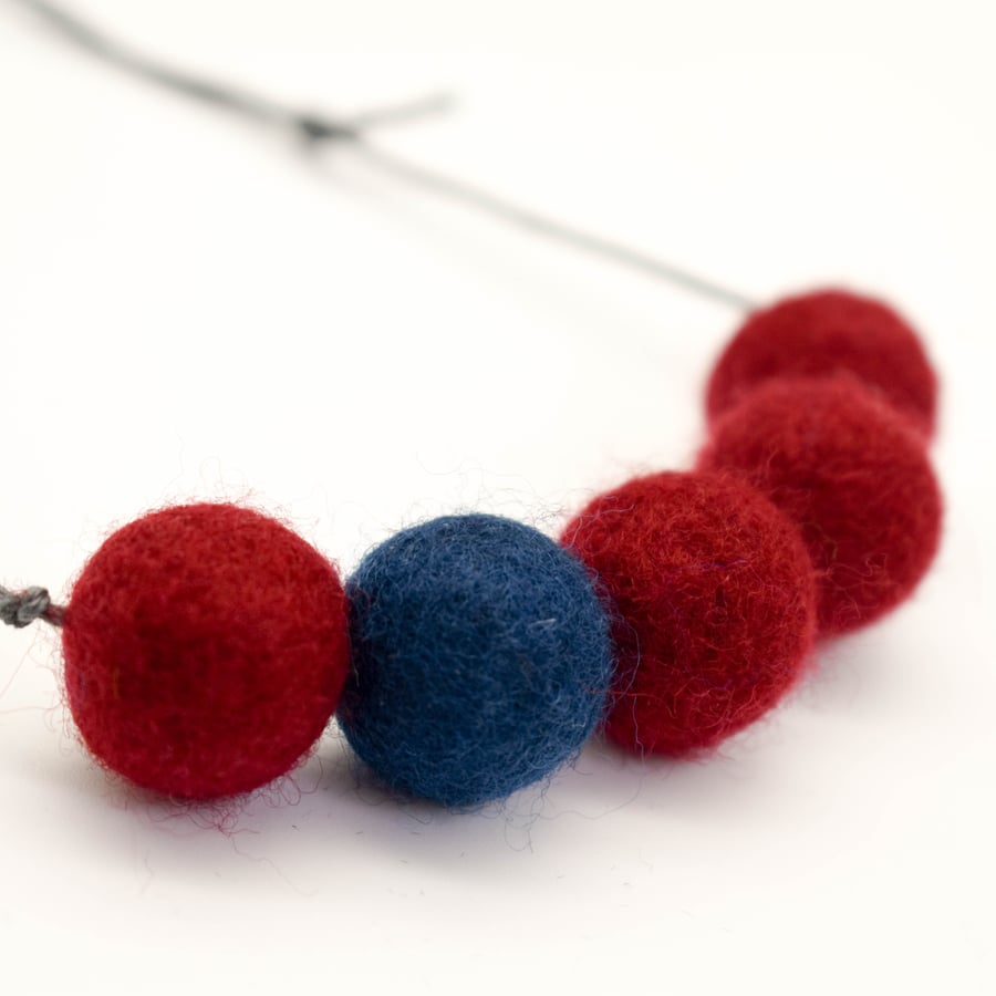 Felted bead necklace in burgundy red and navy blue wool