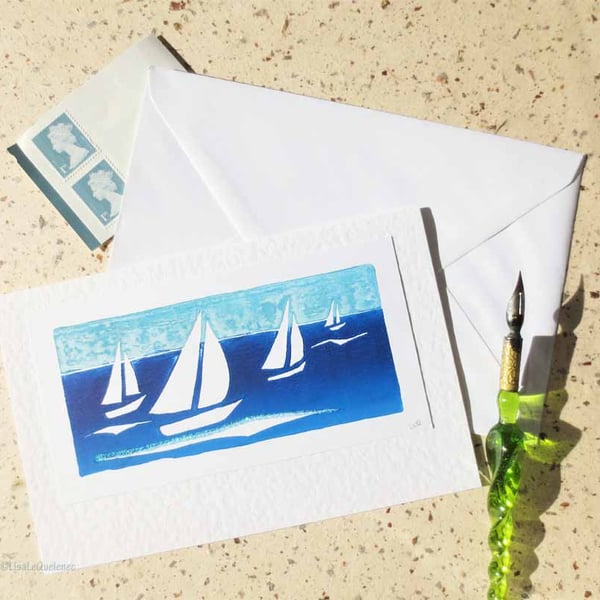 Sailing on the solent handprinted blank greeting card