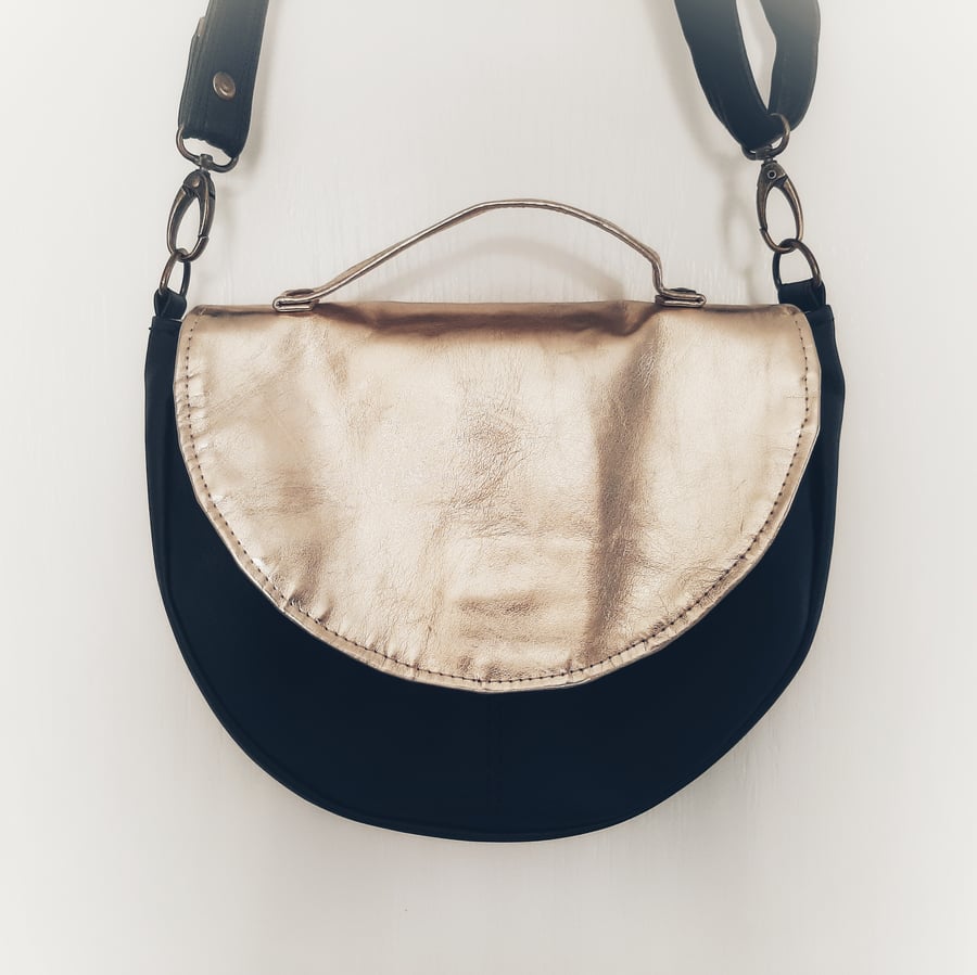 Black and gold crossbody Bag.  half moon crossbody handmade artisanal bag.
