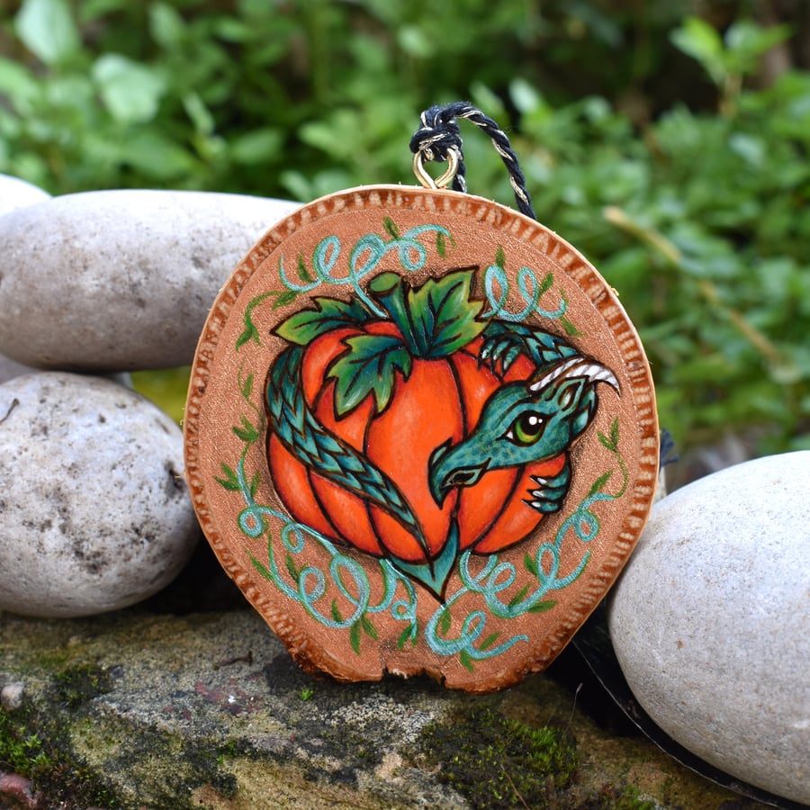 The Pumpkin Dragon. Pyrography wood slice decoration