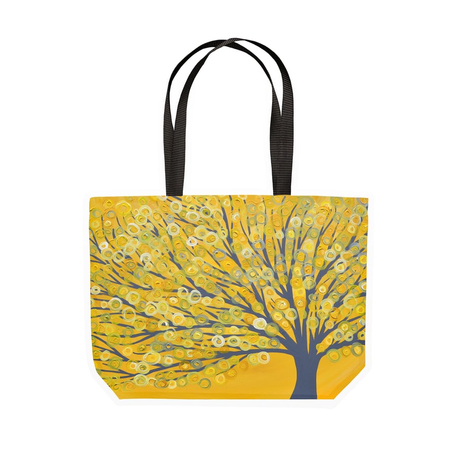 Yellow Canvas Tote Bag - Yellow & Grey Abstract Tree of Life Large Canvas Shoppi