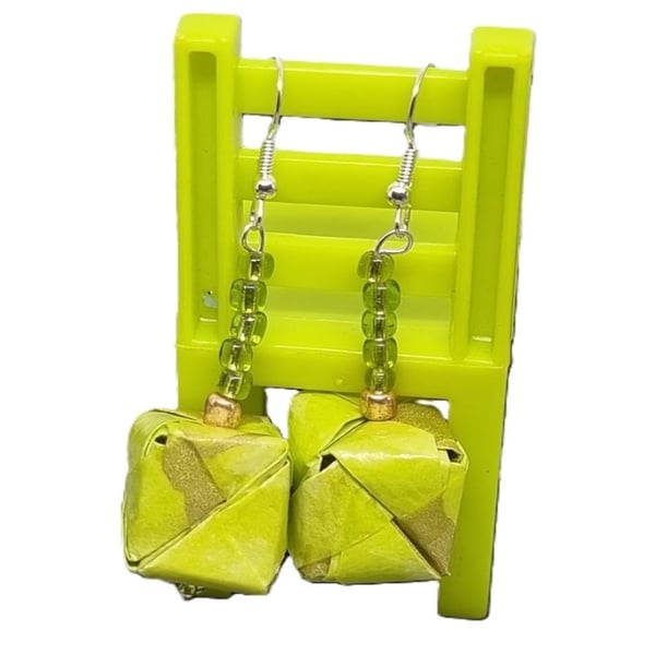 Origami earrings: lime and gold paper