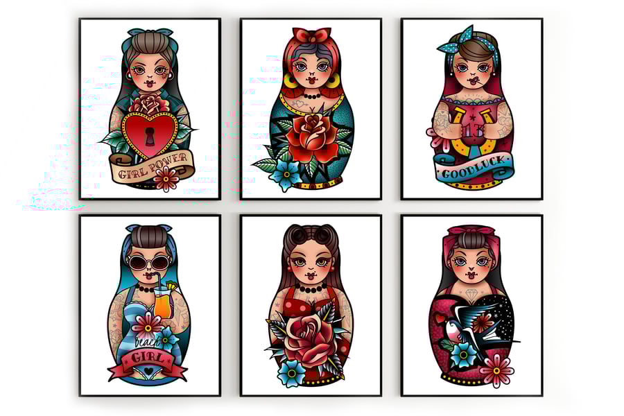 Russian dolls tattoo style wall prints, russian dolls pin up wall decor