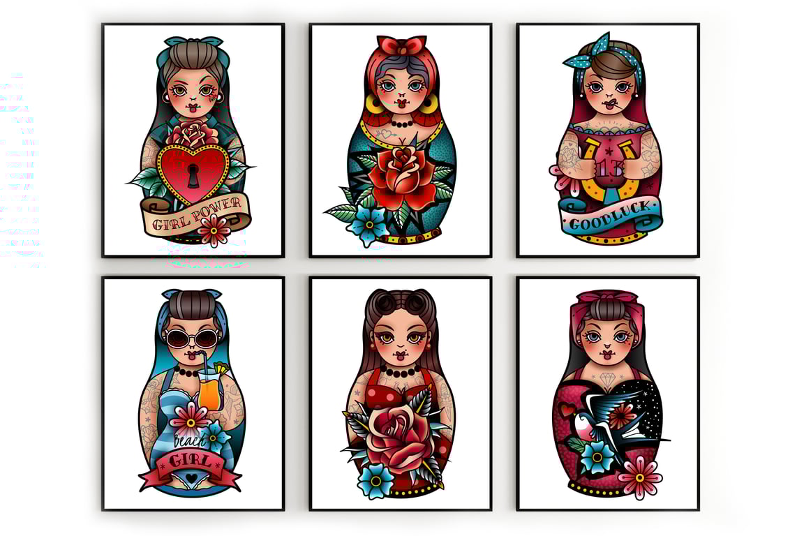 Russian dolls tattoo style wall prints, russian dolls pin up wall decor