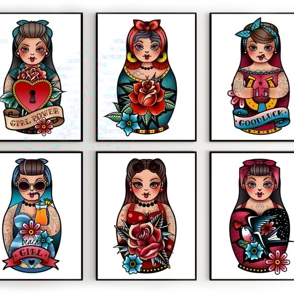 Russian dolls tattoo style wall prints, russian dolls pin up wall decor