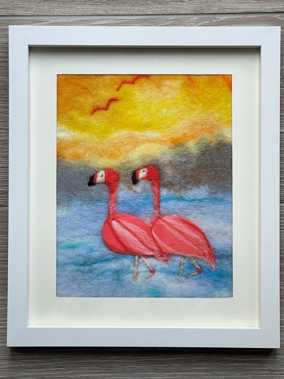Wool Felted Flamingos painting
