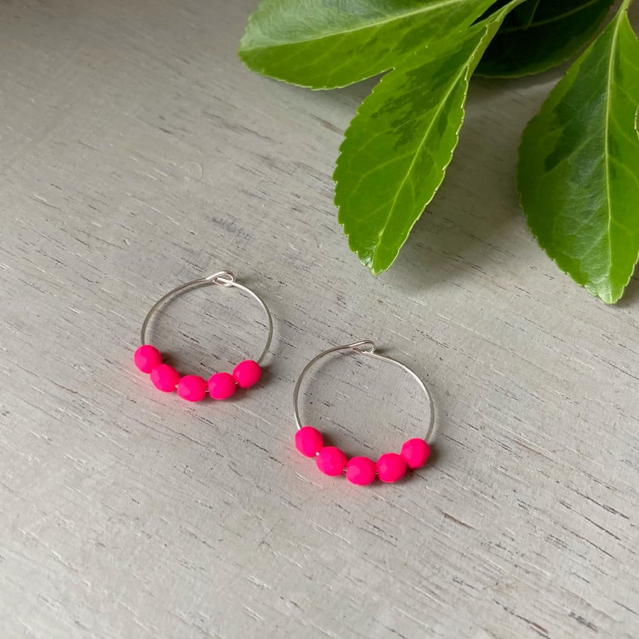 Neon Hot Pink Beaded Hoop Earrings, sterling silver