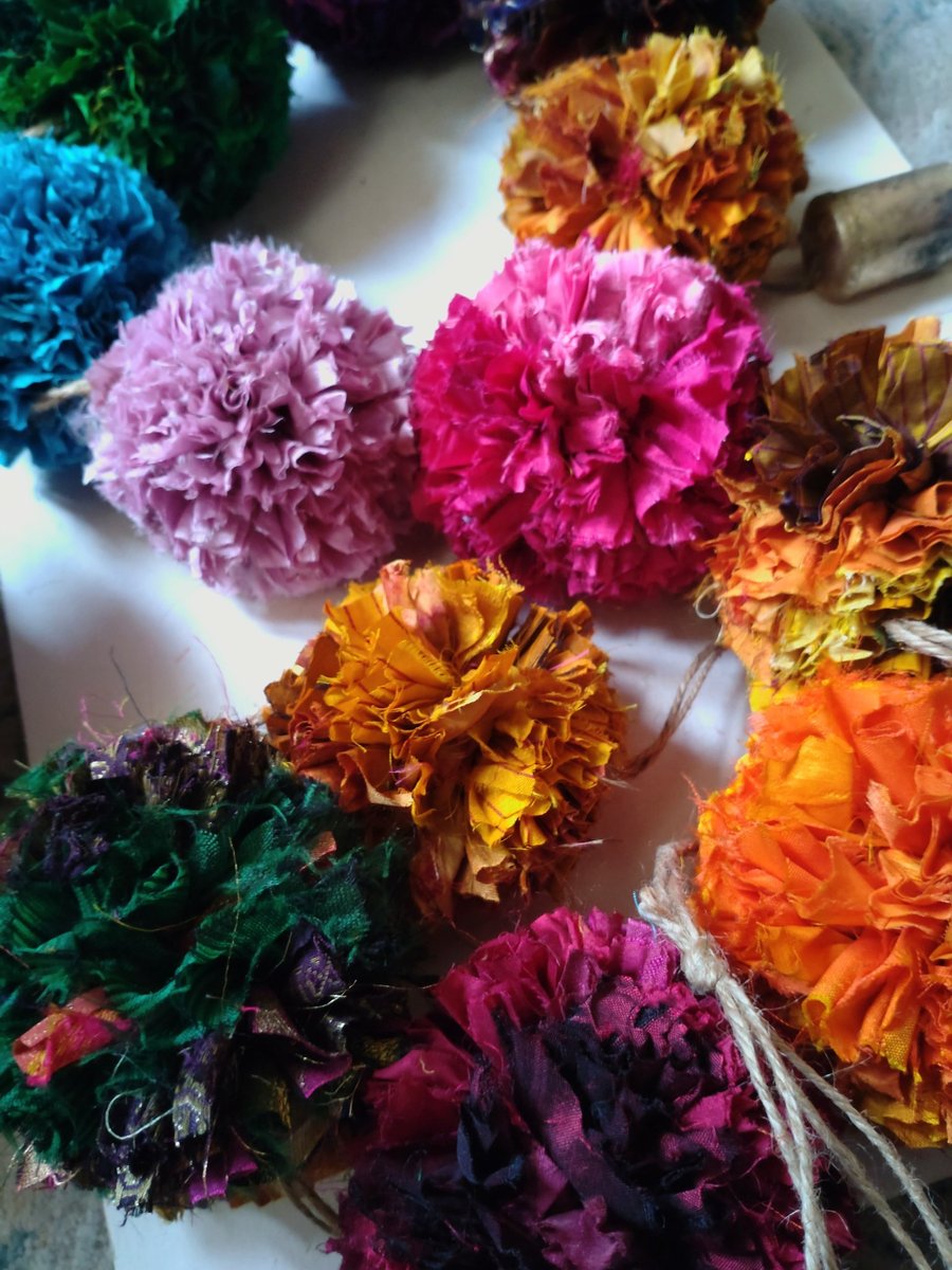 Sari Silk Pompom With Cow Bell Hanging Decoration, Eclectic Bohemian Interiors.