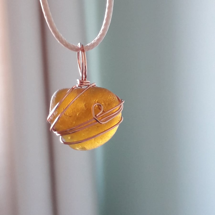 Sea Glass Necklace, Copper wrapped Seaham Beach Glass in Golden Orange