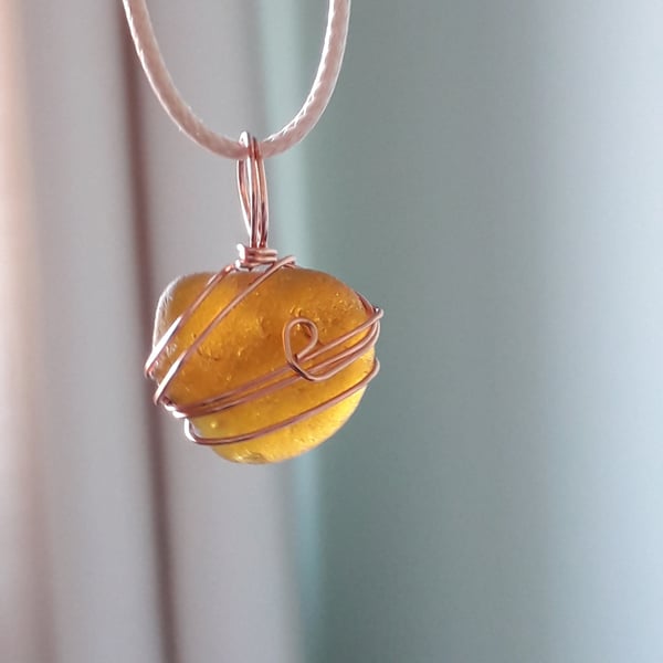 Golden Orange Sea Glass Necklace, Copper wrapped Seaham Sea Glass