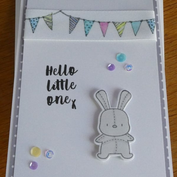 Bunting & Bunny New Baby Card with Free Gift Tag - Grey